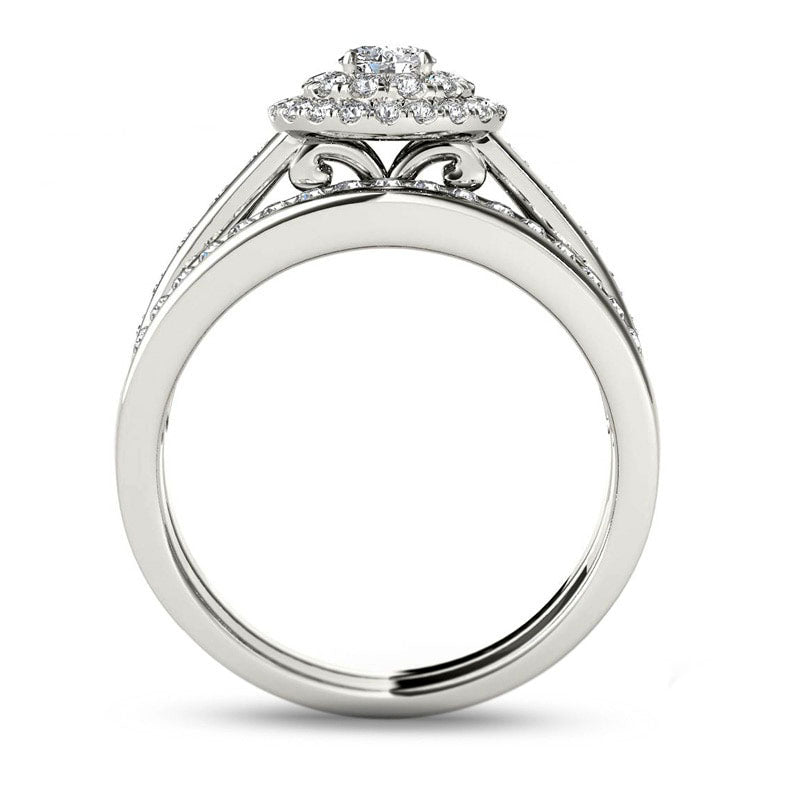 1.0 CT. T.W. Natural Diamond Double Frame Bridal Engagement Ring Set in Solid 14K White Gold