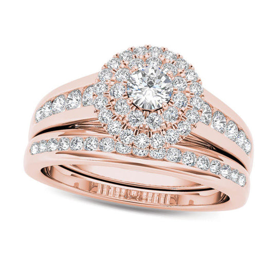 1.0 CT. T.W. Natural Diamond Double Frame Bridal Engagement Ring Set in Solid 14K Rose Gold