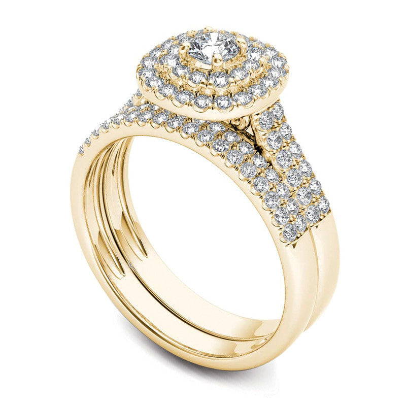 1.0 CT. T.W. Natural Diamond Double Frame Multi-Row Bridal Engagement Ring Set in Solid 14K Gold
