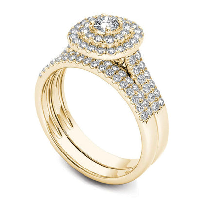 1.0 CT. T.W. Natural Diamond Double Frame Multi-Row Bridal Engagement Ring Set in Solid 14K Gold