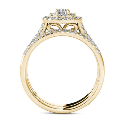 1.0 CT. T.W. Natural Diamond Double Frame Multi-Row Bridal Engagement Ring Set in Solid 14K Gold