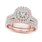 1.0 CT. T.W. Natural Diamond Double Frame Multi-Row Bridal Engagement Ring Set in Solid 14K Rose Gold