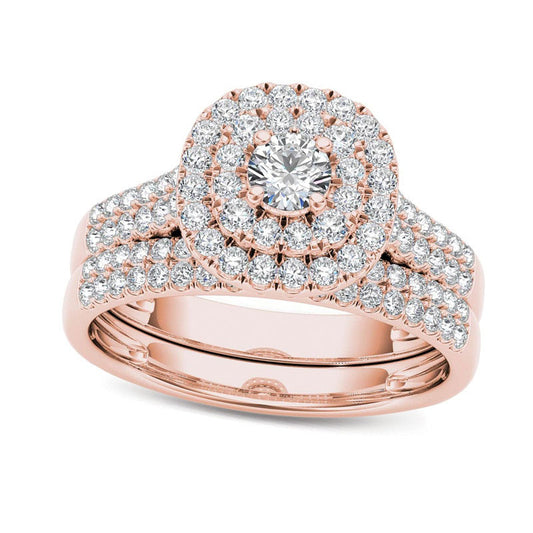 1.0 CT. T.W. Natural Diamond Double Frame Multi-Row Bridal Engagement Ring Set in Solid 14K Rose Gold