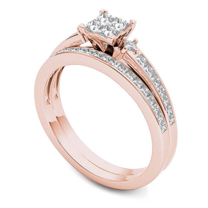 1.0 CT. T.W. Quad Princess-Cut Natural Diamond Bridal Engagement Ring Set in Solid 14K Rose Gold