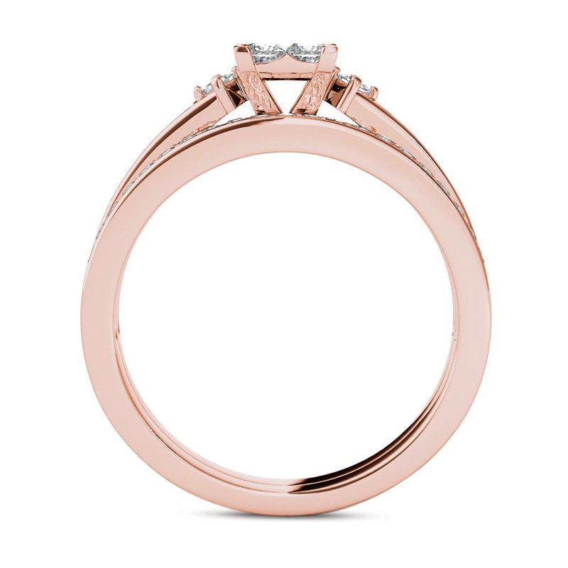 1.0 CT. T.W. Quad Princess-Cut Natural Diamond Bridal Engagement Ring Set in Solid 14K Rose Gold