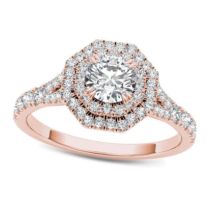 1.0 CT. T.W. Natural Diamond Double Octagonal Frame Engagement Ring in Solid 14K Rose Gold