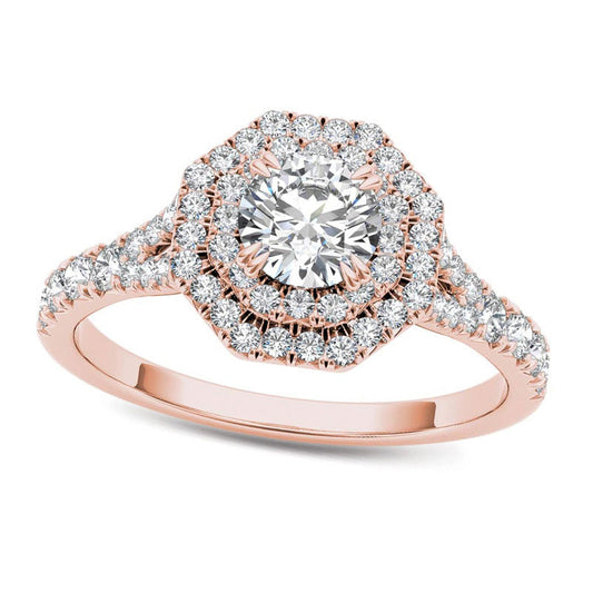 1.0 CT. T.W. Natural Diamond Double Octagonal Frame Engagement Ring in Solid 14K Rose Gold
