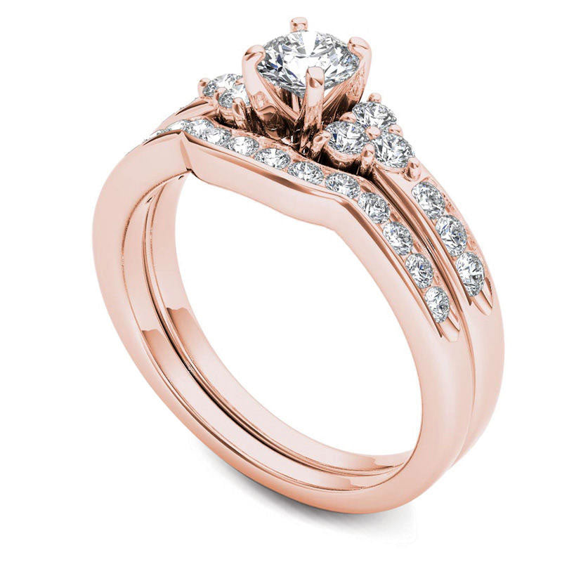 1.0 CT. T.W. Natural Diamond Tri-Sides Bridal Engagement Ring Set in Solid 14K Rose Gold