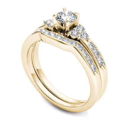 1.0 CT. T.W. Natural Diamond Tri-Sides Bridal Engagement Ring Set in Solid 14K Gold