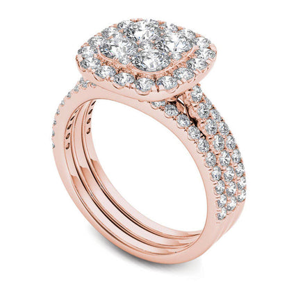 2.0 CT. T.W. Composite Natural Diamond Cushion Frame Bridal Engagement Ring Set in Solid 14K Rose Gold