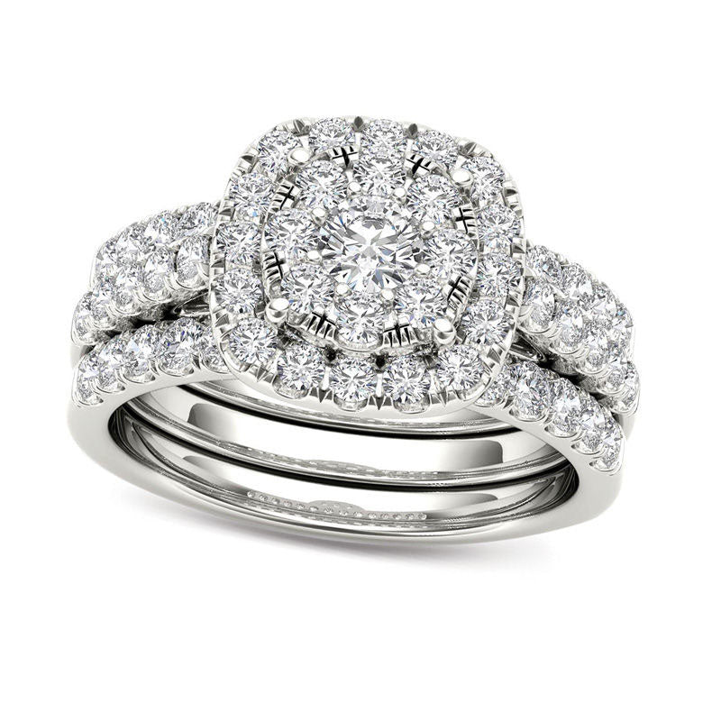 1.5 CT. T.W. Composite Natural Diamond Frame Three Piece Bridal Engagement Ring Set in Solid 14K White Gold