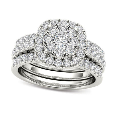 1.5 CT. T.W. Composite Natural Diamond Frame Three Piece Bridal Engagement Ring Set in Solid 14K White Gold