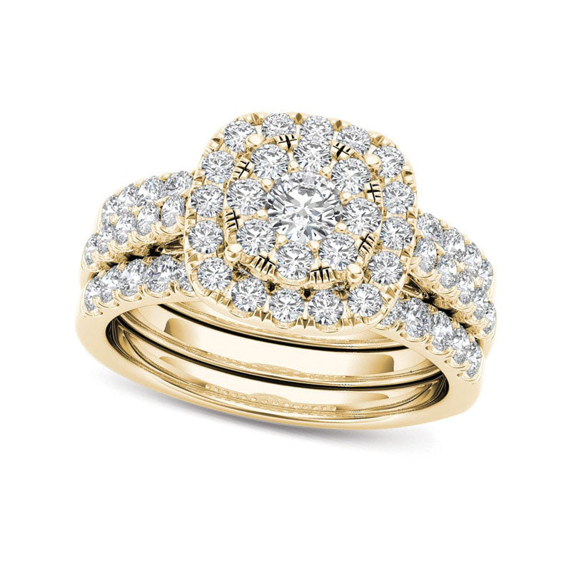 1.5 CT. T.W. Composite Natural Diamond Frame Three Piece Bridal Engagement Ring Set in Solid 14K Gold