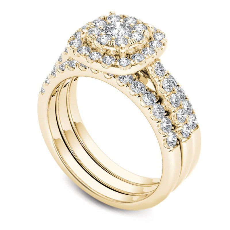 1.5 CT. T.W. Composite Natural Diamond Frame Three Piece Bridal Engagement Ring Set in Solid 14K Gold