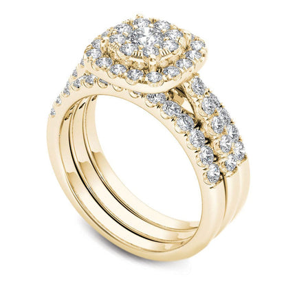 1.5 CT. T.W. Composite Natural Diamond Frame Three Piece Bridal Engagement Ring Set in Solid 14K Gold