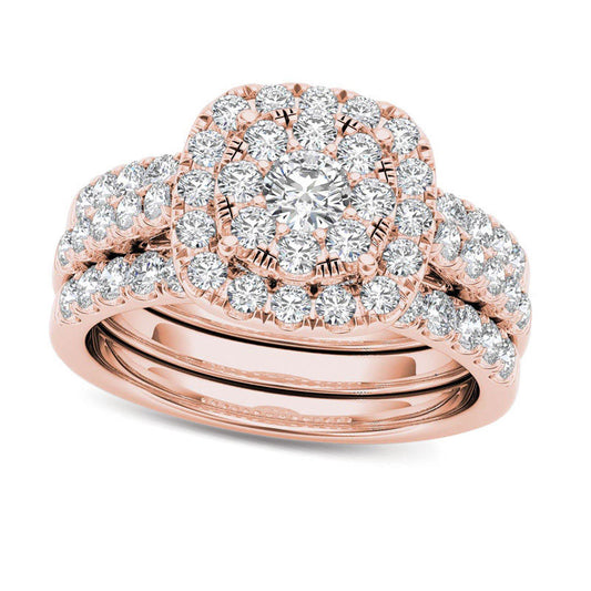 1.5 CT. T.W. Composite Natural Diamond Frame Three Piece Bridal Engagement Ring Set in Solid 14K Rose Gold