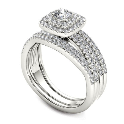1.0 CT. T.W. Natural Diamond Cushion Double Frame Woven Three Piece Bridal Engagement Ring Set in Solid 14K White Gold