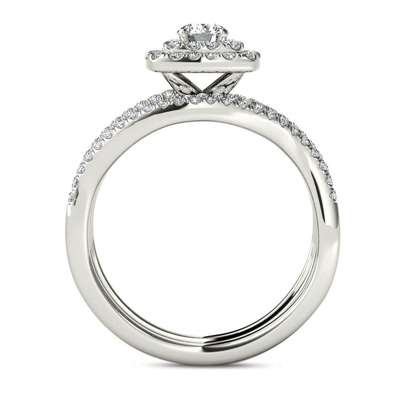 1.0 CT. T.W. Natural Diamond Cushion Double Frame Woven Three Piece Bridal Engagement Ring Set in Solid 14K White Gold