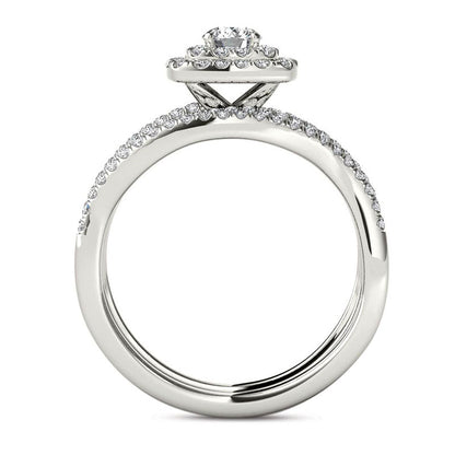 1.0 CT. T.W. Natural Diamond Cushion Double Frame Woven Three Piece Bridal Engagement Ring Set in Solid 14K White Gold