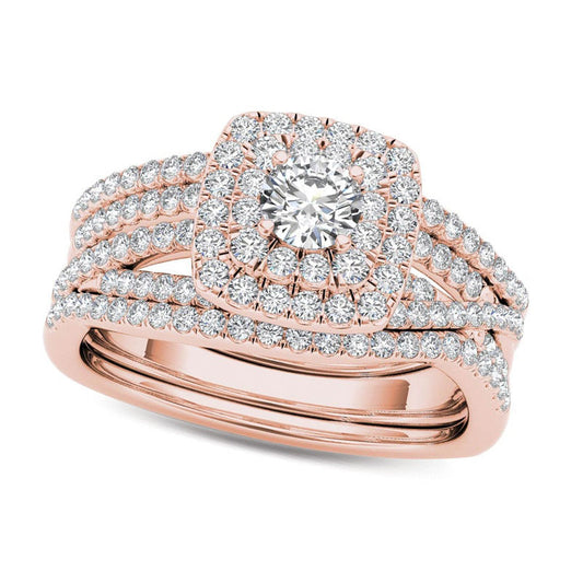 1.0 CT. T.W. Natural Diamond Cushion Double Frame Woven Three Piece Bridal Engagement Ring Set in Solid 14K Rose Gold