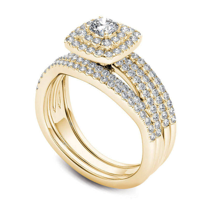 1.0 CT. T.W. Natural Diamond Cushion Double Frame Woven Three Piece Bridal Engagement Ring Set in Solid 14K Gold