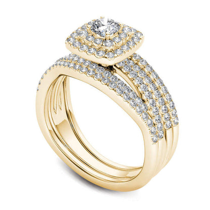 1.0 CT. T.W. Natural Diamond Cushion Double Frame Woven Three Piece Bridal Engagement Ring Set in Solid 14K Gold