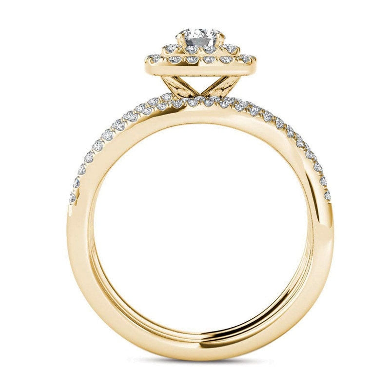 1.0 CT. T.W. Natural Diamond Cushion Double Frame Woven Three Piece Bridal Engagement Ring Set in Solid 14K Gold