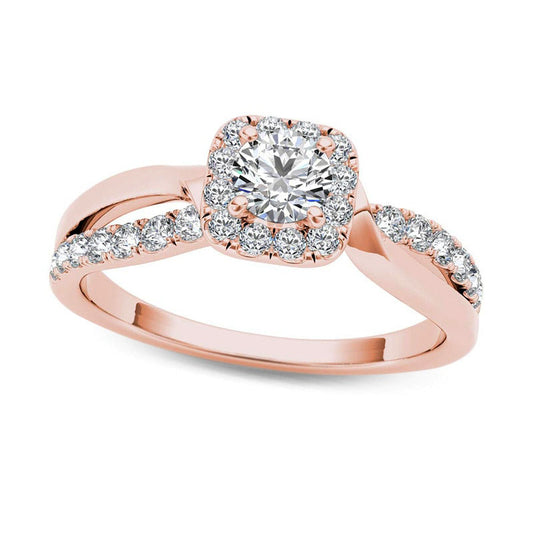 0.75 CT. T.W. Natural Diamond Square Frame Split Shank Engagement Ring in Solid 14K Rose Gold