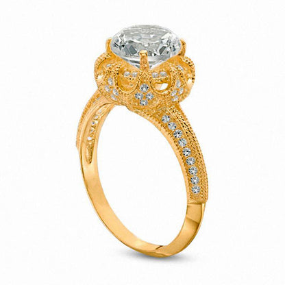 8.0mm Lab-Created White Sapphire Antique Vintage-Style Crown Frame Ring in Sterling Silver with Solid 14K Gold Plate