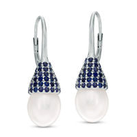 10.0 - 11.0mm Oval Cultured Freshwater Pearl and Lab-Created Blue Sapphire Drop Earrings in Sterling Silver