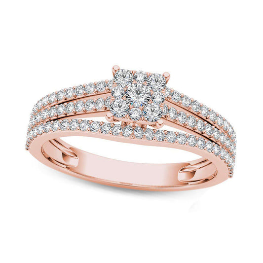 0.63 CT. T.W. Square Composite Natural Diamond Three Row Engagement Ring in Solid 14K Rose Gold