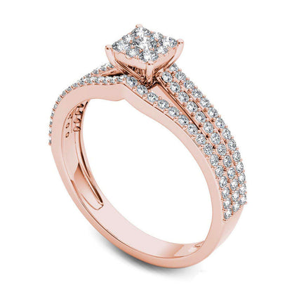 0.63 CT. T.W. Square Composite Natural Diamond Three Row Engagement Ring in Solid 14K Rose Gold