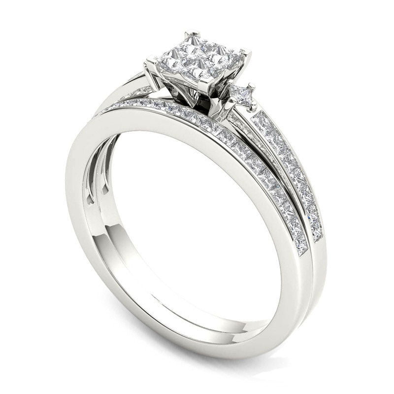 0.75 CT. T.W. Quad Princess-Cut Natural Diamond Bridal Engagement Ring Set in Solid 14K White Gold