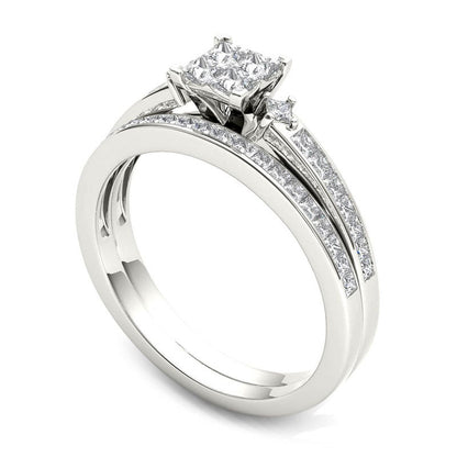0.75 CT. T.W. Quad Princess-Cut Natural Diamond Bridal Engagement Ring Set in Solid 14K White Gold