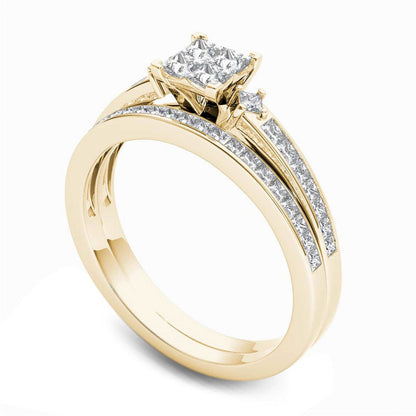 0.75 CT. T.W. Quad Princess-Cut Natural Diamond Bridal Engagement Ring Set in Solid 14K Gold