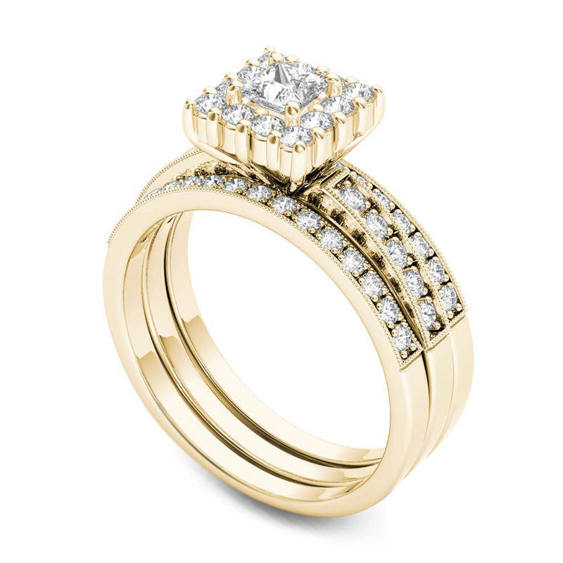 0.88 CT. T.W. Princess-Cut Natural Diamond Frame Three Piece Bridal Engagement Ring Set in Solid 14K Gold