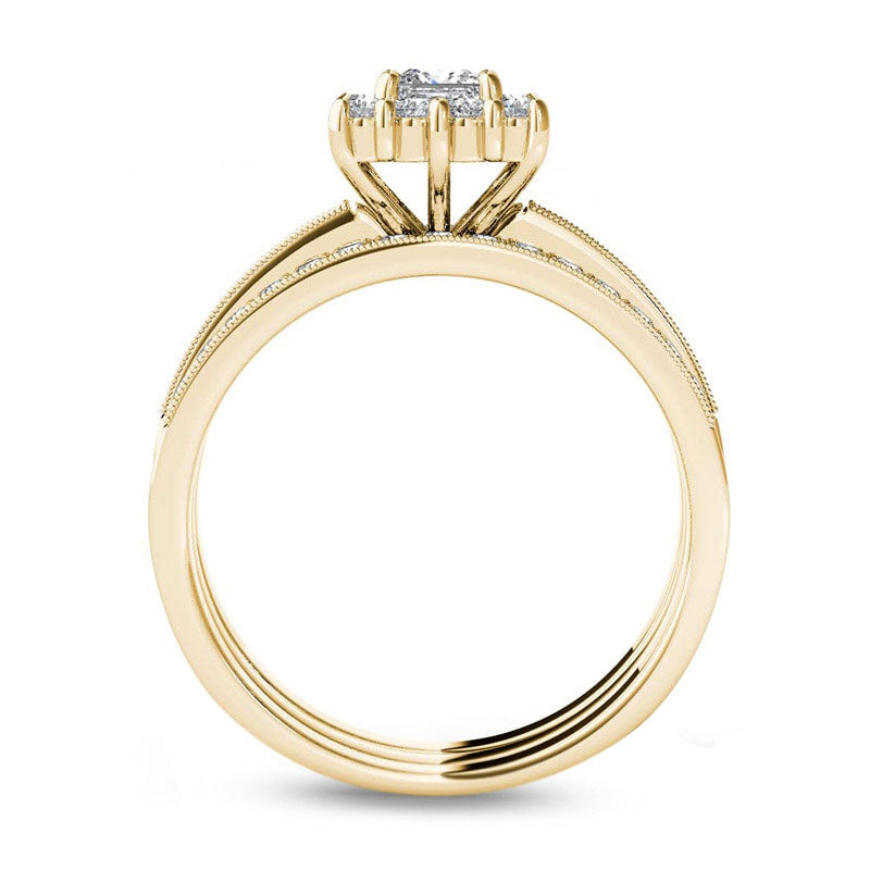 0.88 CT. T.W. Princess-Cut Natural Diamond Frame Three Piece Bridal Engagement Ring Set in Solid 14K Gold