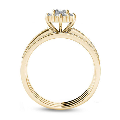 0.88 CT. T.W. Princess-Cut Natural Diamond Frame Three Piece Bridal Engagement Ring Set in Solid 14K Gold