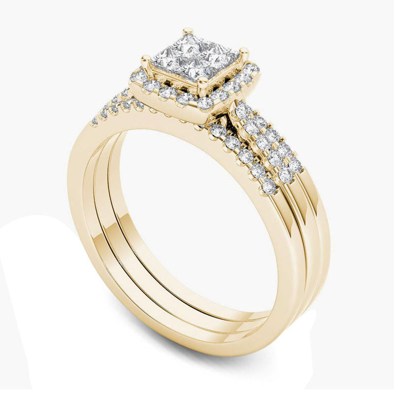 0.75 CT. T.W. Quad Princess-Cut Natural Diamond Frame Three Piece Bridal Engagement Ring Set in Solid 14K Gold
