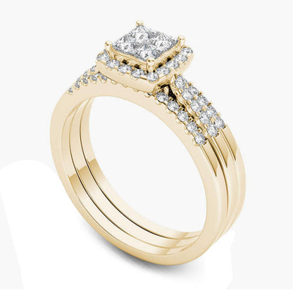 0.75 CT. T.W. Quad Princess-Cut Natural Diamond Frame Three Piece Bridal Engagement Ring Set in Solid 14K Gold