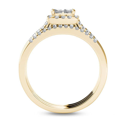 0.75 CT. T.W. Quad Princess-Cut Natural Diamond Frame Three Piece Bridal Engagement Ring Set in Solid 14K Gold