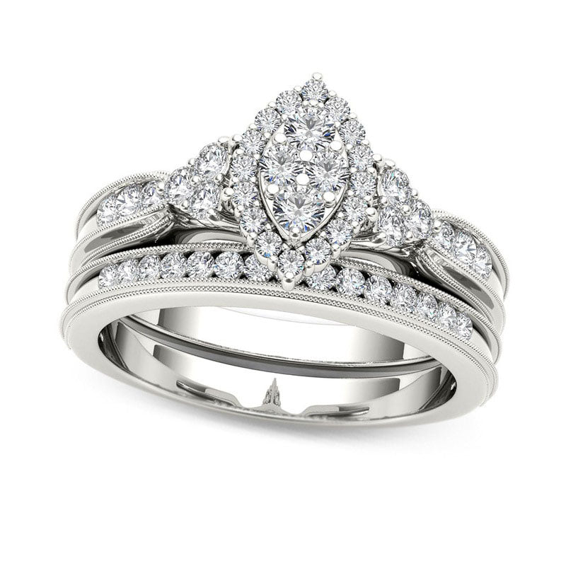 0.50 CT. T.W. Composite Marquise Natural Diamond with Tri-Sides Bridal Engagement Ring Set in Solid 14K White Gold