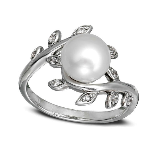 8.0mm Baroque Cultured Freshwater Pearl and Lab-Created White Sapphire Vine Ring in Sterling Silver