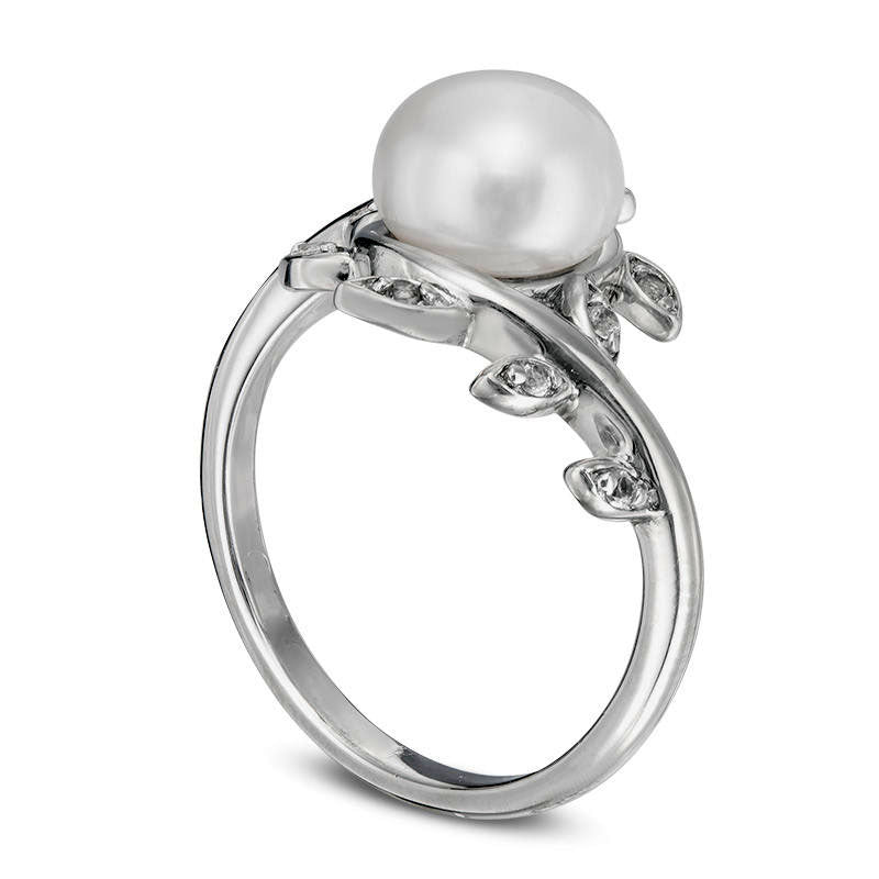 8.0mm Baroque Cultured Freshwater Pearl and Lab-Created White Sapphire Vine Ring in Sterling Silver