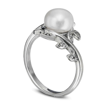 8.0mm Baroque Cultured Freshwater Pearl and Lab-Created White Sapphire Vine Ring in Sterling Silver