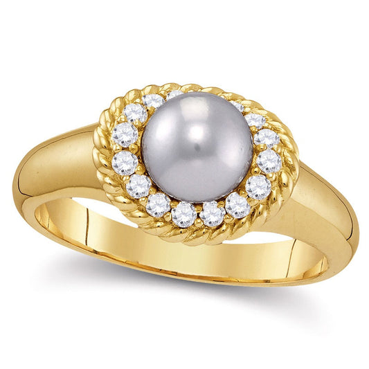 7.0mm Cultured Freshwater Pearl and 0.20 CT. T.W. Natural Diamond Rope Frame Ring in Solid 10K Yellow Gold