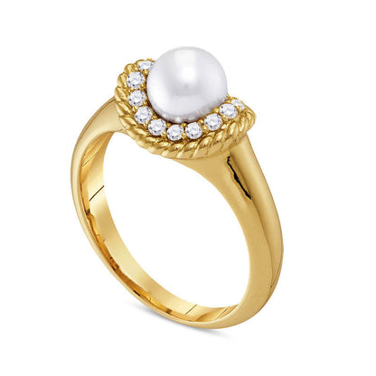 7.0mm Cultured Freshwater Pearl and 0.20 CT. T.W. Natural Diamond Rope Frame Ring in Solid 10K Yellow Gold