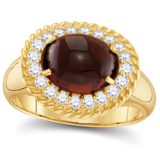 Oval Garnet and 0.38 CT. T.W. Natural Diamond Rope Frame Ring in Solid 10K Yellow Gold