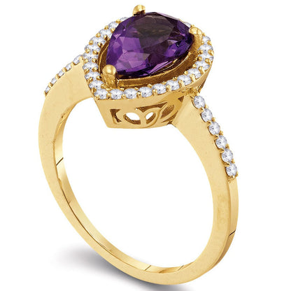 Pear-Shaped Amethyst and 0.33 CT. T.W. Natural Diamond Frame Ring in Solid 10K Yellow Gold