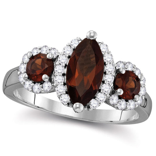 Marquise Garnet and 0.33 CT. T.W. Natural Diamond Frame Three Stone Ring in Solid 14K White Gold